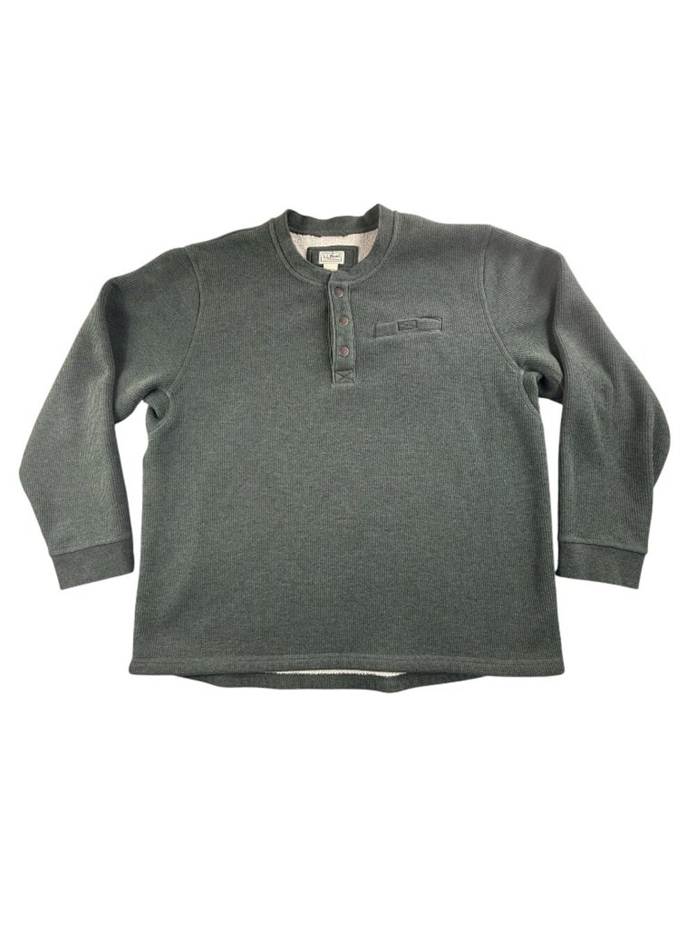 L.L. Bean Sweater Mens 2XL Green Henley Snap Fleece Lined Waffle Knit Thermal
